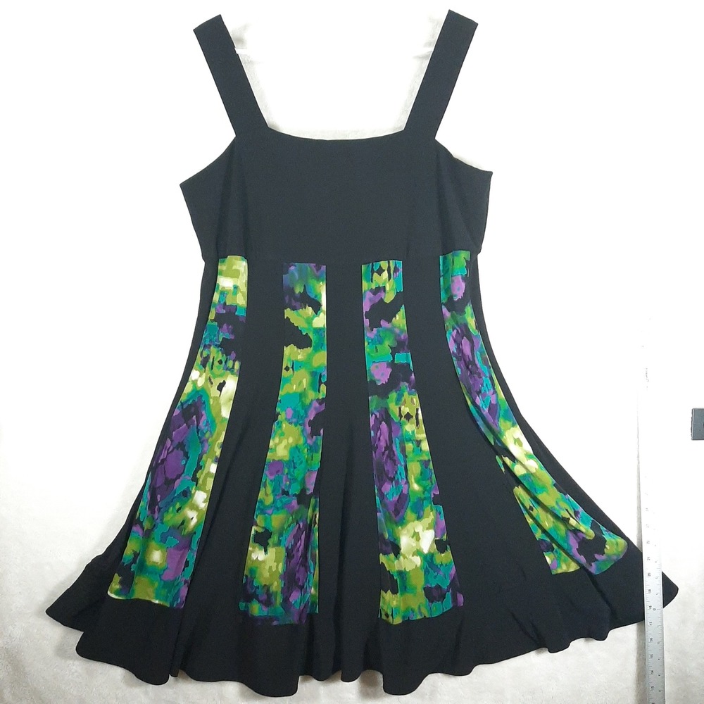R&M Richards Women 16W Black Abstract Print Paneled Fit & Flare Babydoll Dress